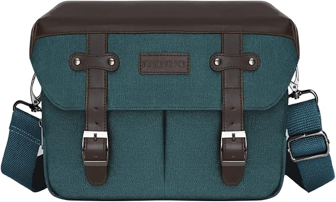 MOSISO Camera Case Crossbody Shoulder Messenger Bag, DSLR/SLR/Mirrorless Photography Vintage PU Leather Flap Gadget Bag with Rain Cover Compatible with Canon/Nikon/Sony Camera and Lens, Teal Green