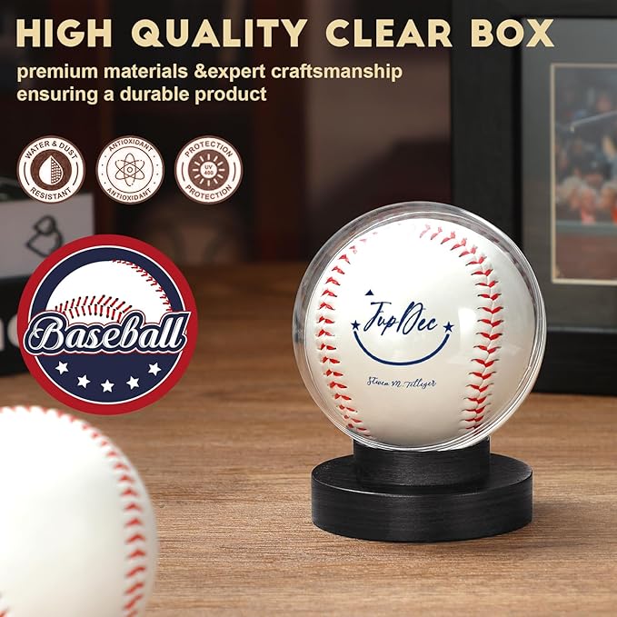 JupDec Baseball Display Case, Round Clear Ball Holder with Wooden Base, Autograph Baseball Stand Box for Single Ball, Acacia Wood, Black