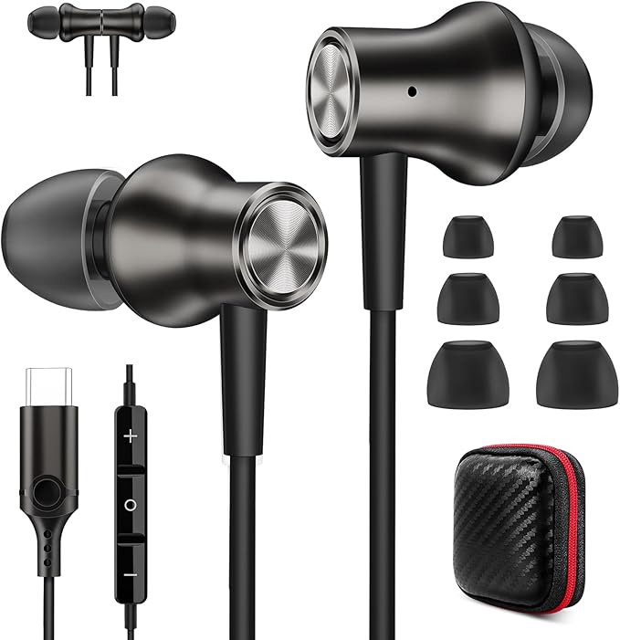 Jiunai USB C Wired Earbuds for iPhone 17 Pro Max 16 15 Plus Headphone with Mic In Ear Magnetic Noise Isolated Stereo AUX Corded Type C Earphone for Samsung Galaxy S26 S25 S24 for iPad Pixel Metal Grey