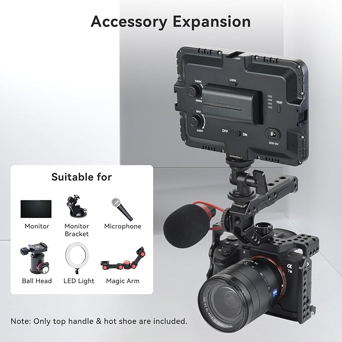 UTEBIT Camera Top Handle with 3/8" ARRI Locating Pins for Camera Cage, Universal Camera Grip Top Handle Lightweight, 1/4" Screw & 3 Cold Shoes Compatible with SmallRig Handles Camera Cages Video Rigs