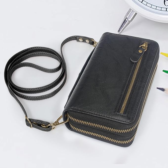 Harryshell Compatible with Samsung Galaxy S25 Ultra Case Wallet Multi Zipper Detachable Removable Cover Purse with Card Slots Holder Mirror Crossbody Wrist Strap for 6.9 inch (Black)