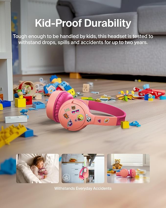 Belkin SoundForm Mini w/Case - Wireless Bluetooth Kids Headphones with 30H Battery Life, 85dB Safe Volume Limit, Built-in Microphone - Kids On-Ear Earphones for iPhone, iPad, & More - Pink