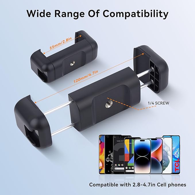Phone Tripod Mount with Cold Shoes, Universal Cell Phone Tripod Mount Adapter, Smartphone Holder Adapter with 1/4 inch Screw, Phone Holder Clip Connector Head for Monopod Selfie Stick Flexible（812001）