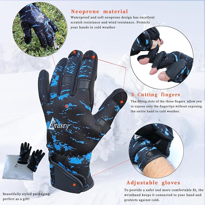 Drasry Neoprene Fishing Gloves Touchscreen 3 Cut Fingers Warm Cold Weather Suitable for Men and Women Ice Fishing Fly Fishing Photography Motorcycle Running Shooting
