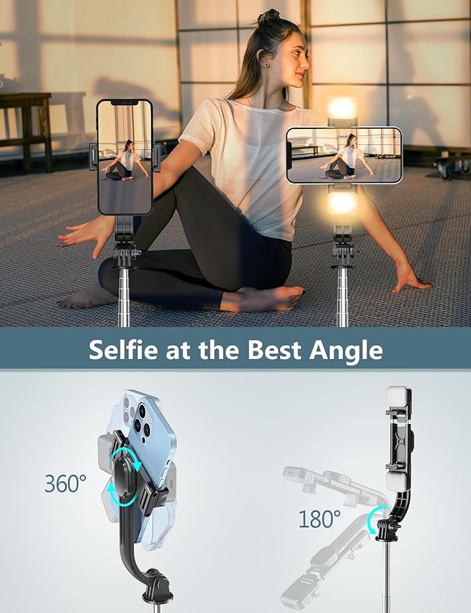 Selfie Stick Tripod with Light, 45'' Selfie Stick with Wireless Remote, Portable Phone Tripod Compatible with iPhone 16/15 Pro Max/15/14 Pro/14/13, Samsung S22/ S23 Ultra/Android Smartphone