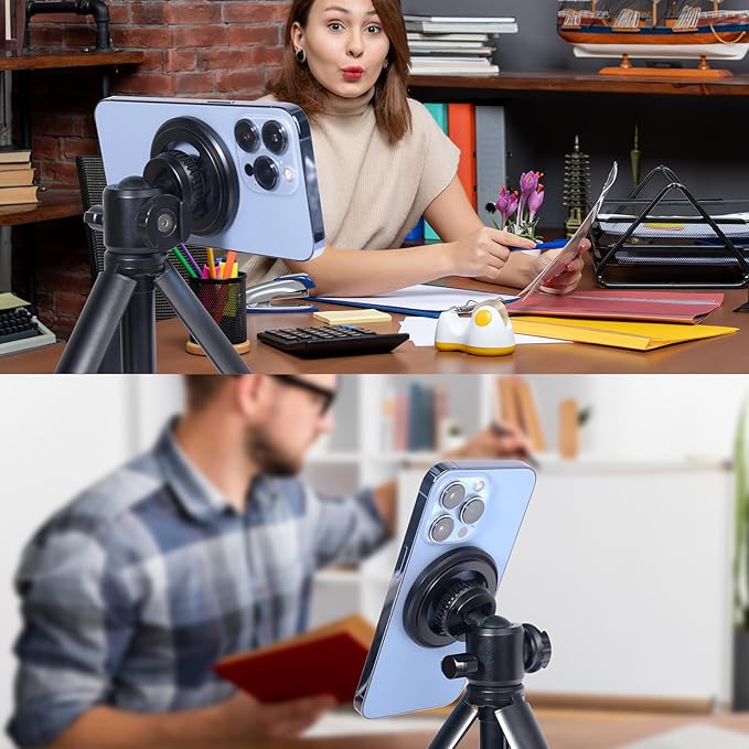 Magnetic Phone Tripod Mount Adapter for Magsafe, with 1/4” Screw and Magnetic Ring Compatible with iPhone 17/16/15/14/13...Samsung, Almost All Cellphones Live, Broadcast Tripod..