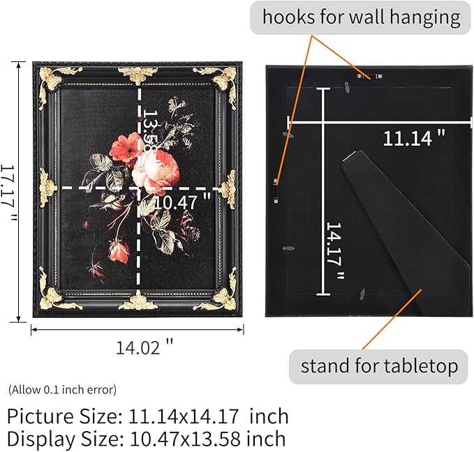 11x14 Vintage Picture Frame - Black Wood with Gold Embossed Flower, Gothic Ornate Antique Photo Frames with Real Glass, Tabletop or Wall Hanging Display