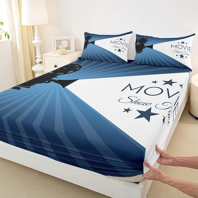 Erosebridal Movie Theater Decor Bed Sheets Set Twin Size Movie Lover Movie Theater Theme Sheet Set for Boys Girls Family Home Theater Decor Sheets Film Theme Fitted Sheet Movie Themed Flat Sheet