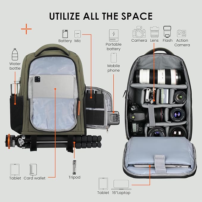 TARION Large Camera Backpacks for Photographers - Waterproof Camera Bag Photography backpack with 15.6" Laptop Compartment Rain Cover Side Access Tripod Holder(TB04 Green)