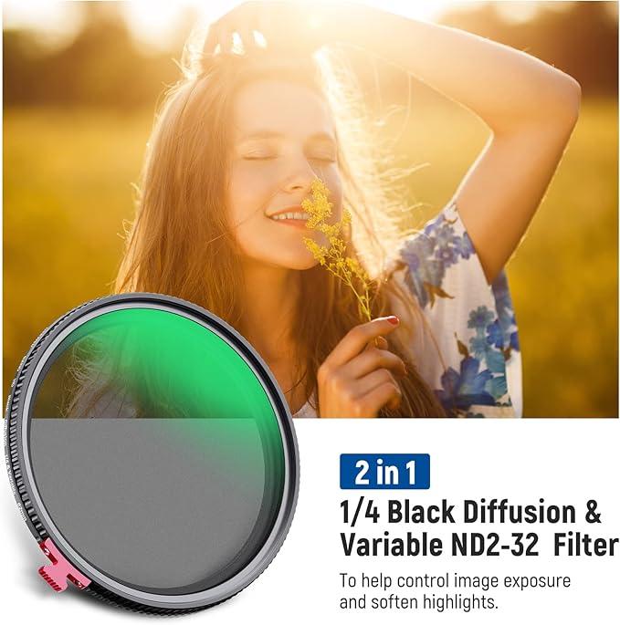 NEEWER 62mm Black Diffusion 1/4 Effect with ND2-ND32 Variable ND Filter 2 in 1, HD Neutral Density Filter with Dreamy Cinematic Features, Water Repellent/Scratch Resistant/Dust Proof, No X Cross