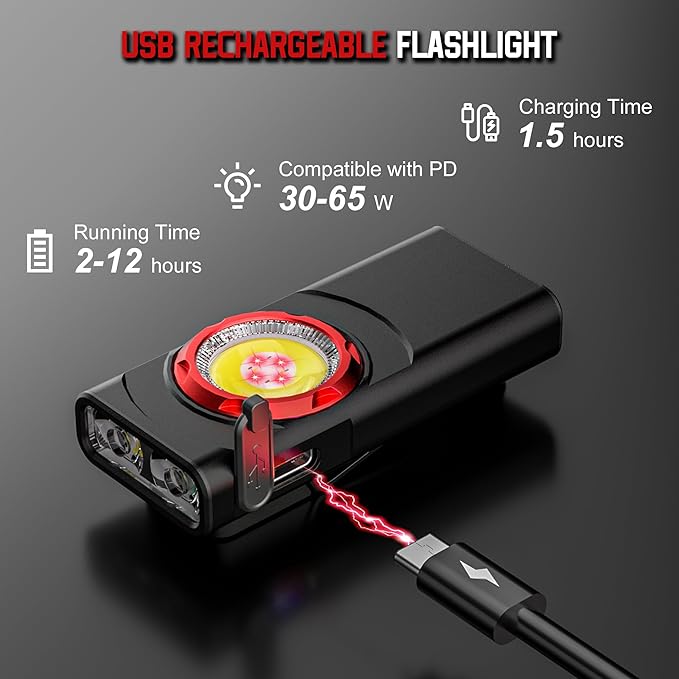 EDC Flashlight Rechargeable, 700 Lumens Mini LED Flashlight with 8 Modes Dual Light Sources Magnetic Flashlights with Clip Waterproof Pocket Flat Flashlights for Night Working (2, Black)