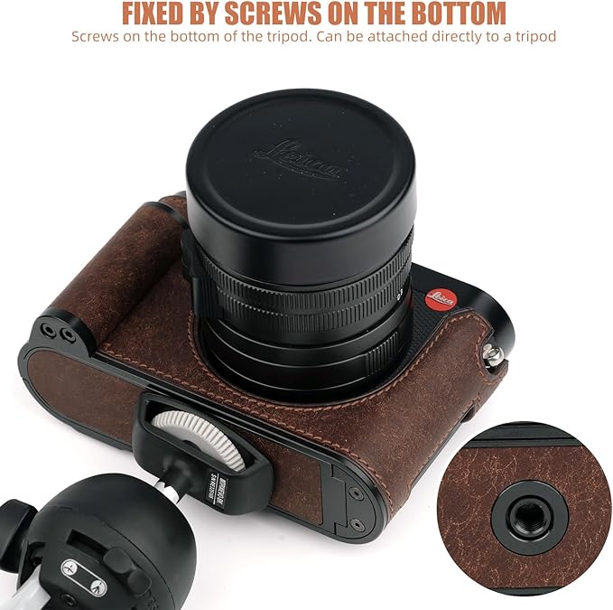 Handmade Genuine Leather Camera Half Case for Leica Q3/Leica Q3 Camera Case- Top Layer Cowhide Body + Metal Base Plate + Hand Shank Design (Dark Brown)