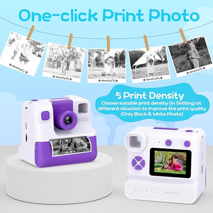 Kids Camera Instant Print, Christmas Birthday Gifts for Girl Boys 3-12 Years Old, FHD Selfie Digital Video Cameras Toddler 3 Rolls Print Paper & 32G Card (Retro, Purple-White)