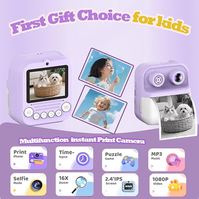 Dual-Lens Instant Print Camera for Kids, 48MP Thermal Instant Printing Camera with 2.4 Inch IPS Screen for Toddler, Boys Girls Christmas Birthday Gifts Photo Printer with 64GB SD Card (Purple)