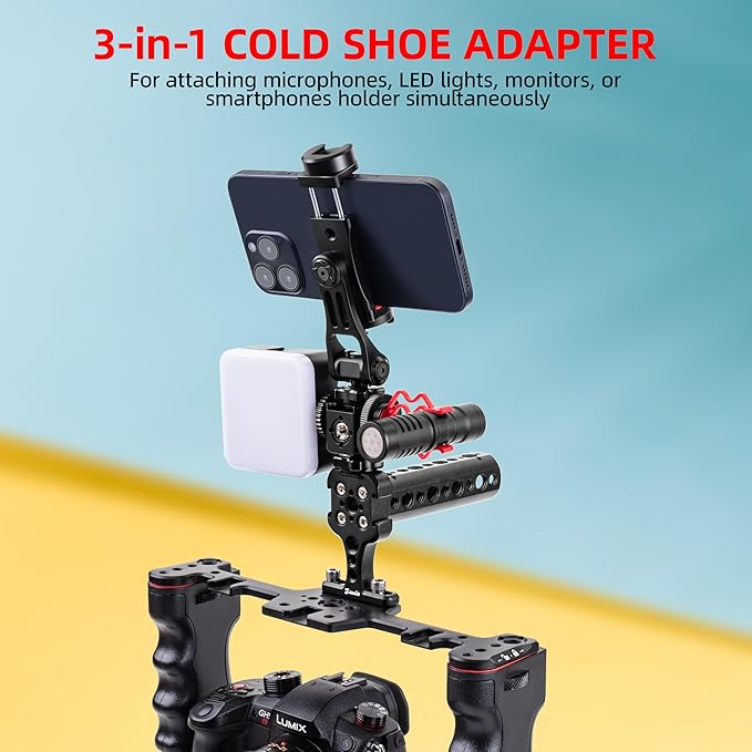 Zeadio Universal Camera Mount with 3 Cold Shoe Mounts, Hot Shoe Base & 1/4"-20 Thread | Built-in Level | Multi-Device Monitor/Light Mount Holder