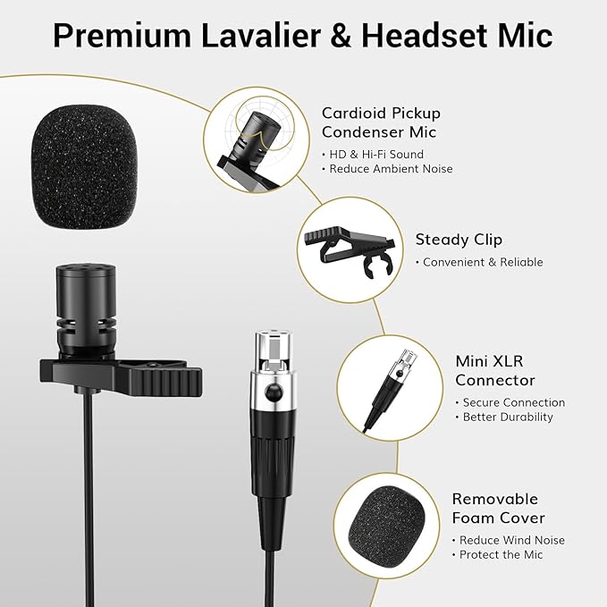 TONOR UHF Wireless Microphone System with Headset Lavalier Lapel Mic, Bodypack Transmitter, Rechargeable Receiver, 2 * 15 Channels 60 m/200ft Range 1/4" Output for Recording, 2 Bodypack Mics