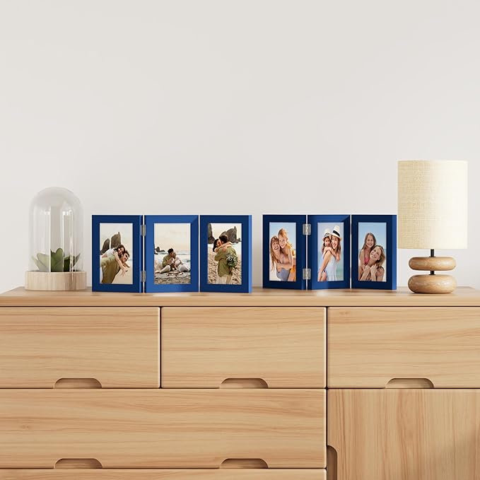 decorUhome Triple 5x7 Picture Frame Vertical, Engineered Wood Trifold Photo Frame with Plexiglass for Tabletop Display, 5x7, Royal Blue