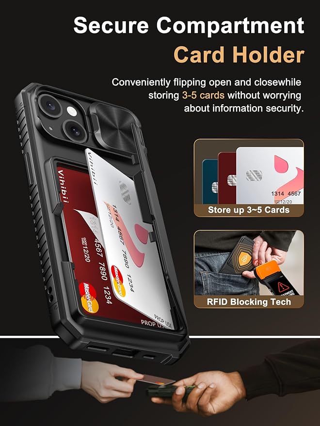 Vihibii for iPhone 15, iPhone 14, and iPhone 13 Case with Card Holder (4 Cards) [RFID Blocking] & Slide Camera Cover, Military Grade Drop Protection, Rugged Hard Back & TPU Silicone Phone Case, Black