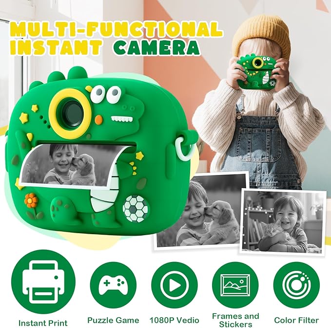 Kids Instant Print Camera with Dinosaur Silicone Cover,1080P HD Digital Video Cameras for Kids with Print Paper & SD Card,Christmas Birthday Gifts for Girls Boys 3-10 Years (Green)