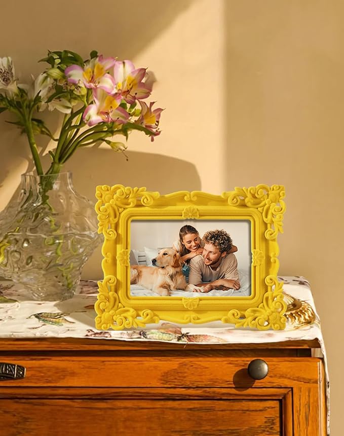 5x7 Yellow Picture Frame for Art Prints Posters, Small Colorful Decorative Frame with Real Glass/Stand, Ornate Memorial Frame Gift for Wedding Baby Shower Retirement (Yellow)