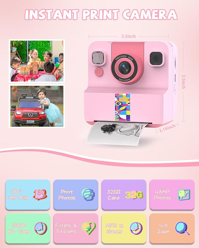 Kids Camera Instant Print, Digital Camera for Kids, 180° Rotating Selfie Lens with 32GB SD Card & 2 Rolls Printing Paper Kids Toy Birthday Gifts for Boys Girls Ages 3-12, Pink