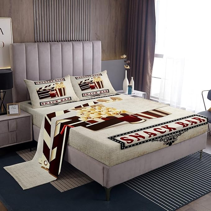 Erosebridal Home Theater Decor Bed Sheets Set Vintage Cinema Style Sheet Set, Movie Themed Sheets Clapboard Popcorn Filmstrip Print Fitted Sheet for Family Boys Girls Film Theme Decor Flat Sheet Full