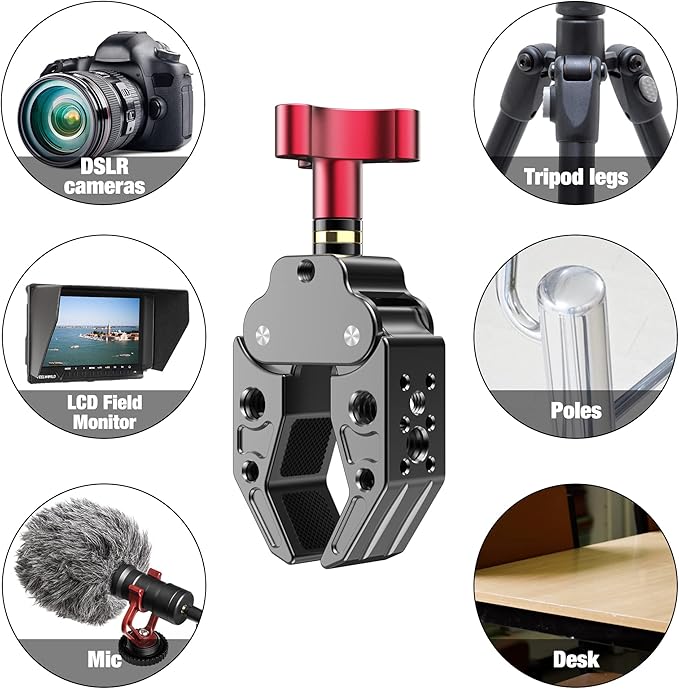 Super Clamp with 1/4&3/8 Standard Stud for Photo Video Studio, Photography Camera Crab Clamp for Cameras, Lighting,DSLR Camera Rig, LED Lights, Flash Light, LCD Field Monitor,Mic