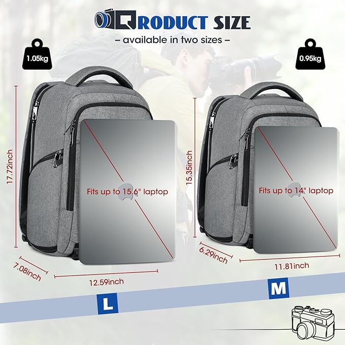 Camera Backpack Camera Bag for Photographers DSLR SLR Mirrorless Camera Cases with Waterproof Rain Cover & Laptop Compartment Fits 14 Inch Laptop,Anti Theft Travel photography backpack,Grey