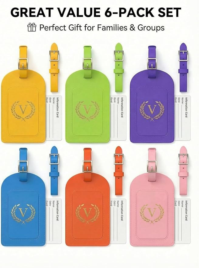 Luggage Tags for Suitcases 6 Pack PU Leather Travel Bag Tags with Privacy Cover & Stainless Steel Buckle, Vegan Leather Name ID Labels for Travel Bags, Cruise, Airline, Backpack, Baggage Identifier(V)