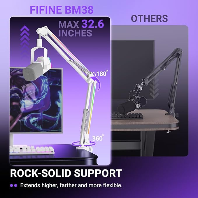 FIFINE Microphone Boom Arm, Heavy Duty Mic Arm with Controllable RGB Light,C-Clamp,Gaming Desktop Mic Mount Capacity for AM8,Studio Podcasting,Recording,Gaming,Streaming-BM38W