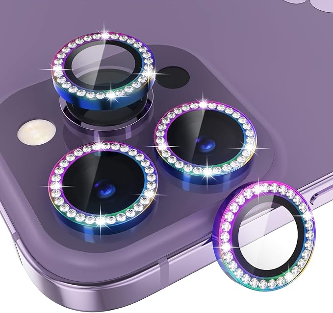 Choiche Compatible for iPhone 14 Pro/iPhone 14 Pro Max Camera Lens Protector Bling, 9H Tempered Glass Camera Cover Screen Protector Metal Ring Decoration Accessories (Diamond-Colorful)