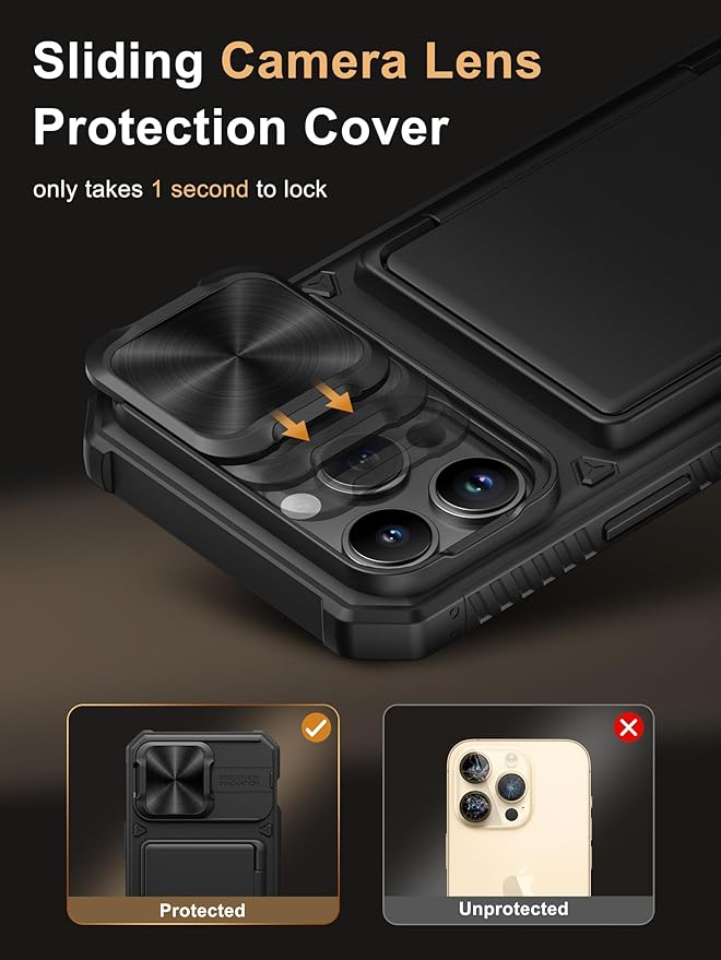 Vihibii for iPhone 14 Pro Max Case with [2X Screen Protector], Built-in Card Holder (4 Cards), [RFID Blocking] & Slide Camera Cover & Tempered Glass Films, Rugged Wallet Case for 14 Pro Max 5g, Black