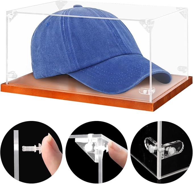 Hooqict Hat Display Case Acrylic Clear Full Size Baseball Hat Case Display Holder Stand with Solid Wood Base UV Protected for Ball Cap Storage Organizer Sports Collections Memorabilia