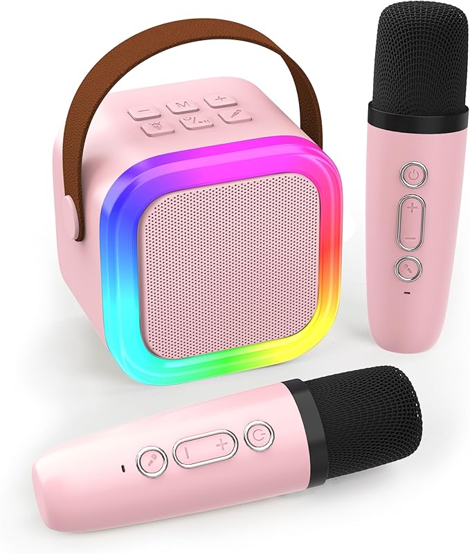 Mini Karaoke Machine for Kids Adults, Portable Bluetooth Speaker with 2 Wireless Microphones,Toys Birthday Gifts for Girls Ages 4, 5, 6, 7, 8,9,10,11,12+ Family Home Party (Pink)