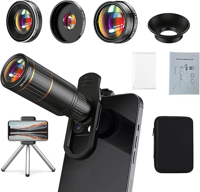Phone Camera Lens Kit Upgraded Version — Includes 22X Telephoto Lens, 205° Fisheye Lens, 0.67X Wide Angle Lens, 25X Macro Lens, Clip & Mini Tripod for iPhone and Android Phones