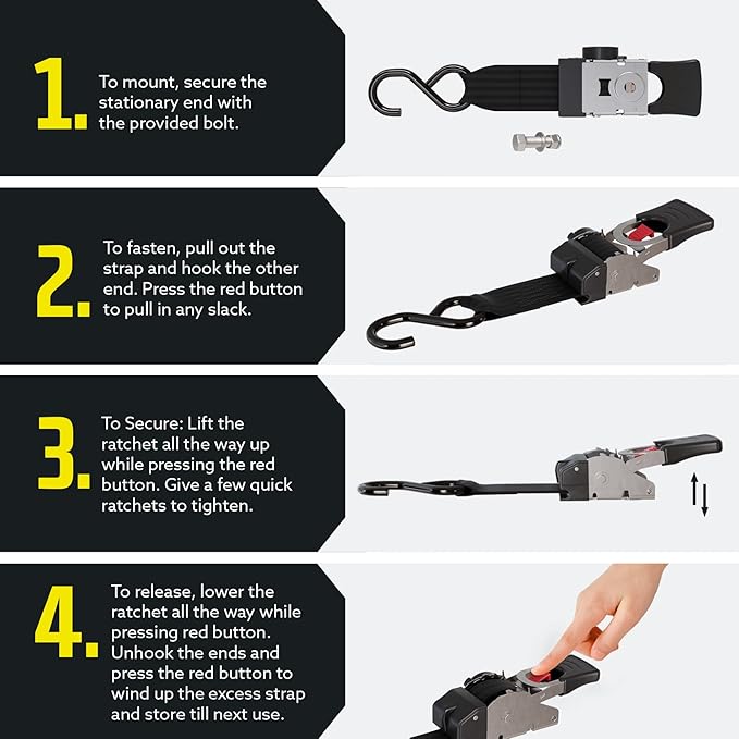 DC Cargo Mall Bolt-on Auto Retractable Ratchet Straps (2-Pack) 2” x 43", Heavy Duty, 1,809lb Break Strength – Tie Down Straps for Boat, Jet Ski, RZR, ATV