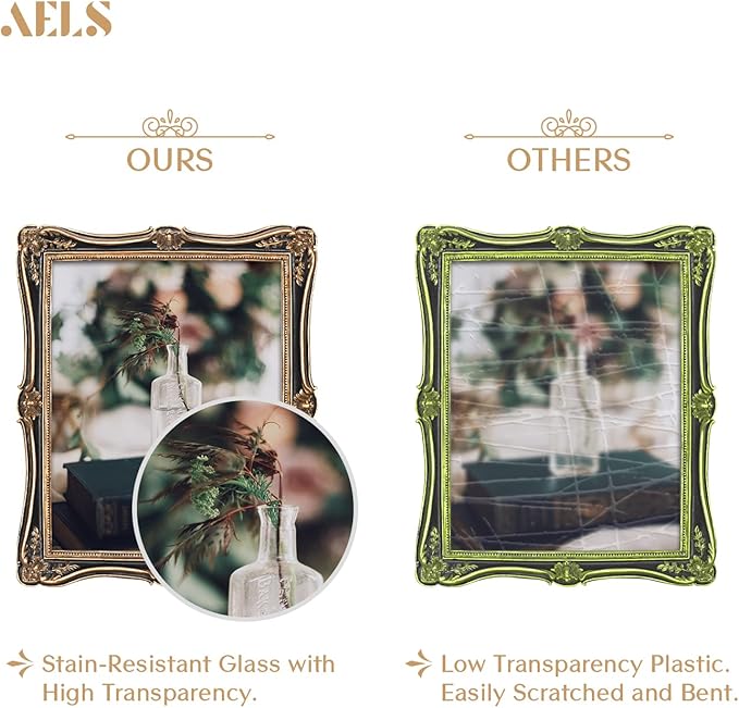 AELS 8x10 Inch Vintage Picture Frame, Elegant Antique Photo Frames with Glass Front, Photo Display, Tabletop Wall Hanging, Gift Ideas, Gold and Black