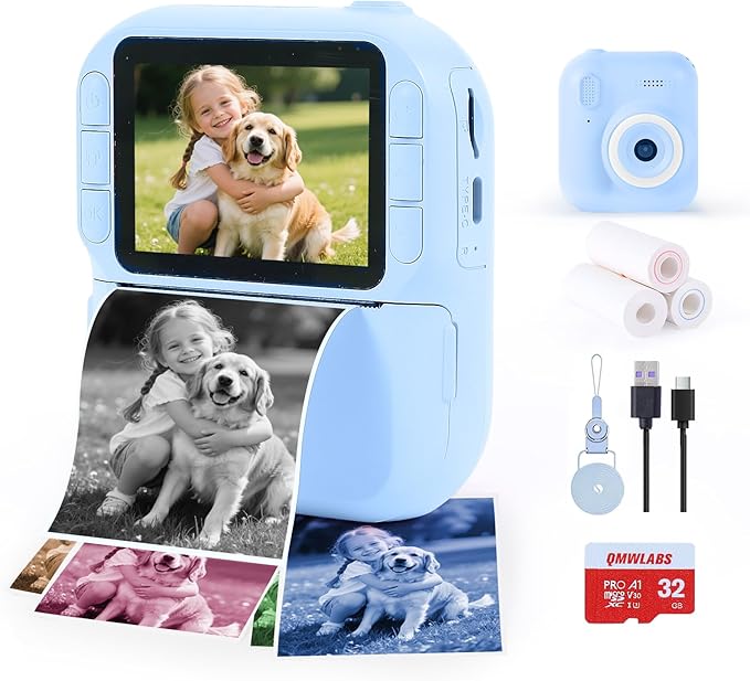Kids Camera Instant Print with Color & Black-White Printing, 1080P HD Digital Selfie Camera for Children, 32GB, 2.4" Screen, 16X Zoom, Games, MP3 for Boys Girls Ages 3-12 (Blue)
