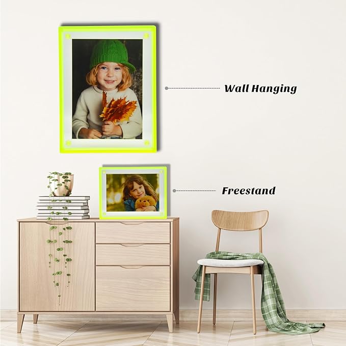 Gelite Acrylic 8X10 Picture Frame to Display 8x10 6x8 5x7 Pictures Mat-free Neon Floating Photo Frame for Wall and Tabletop, Neon Green