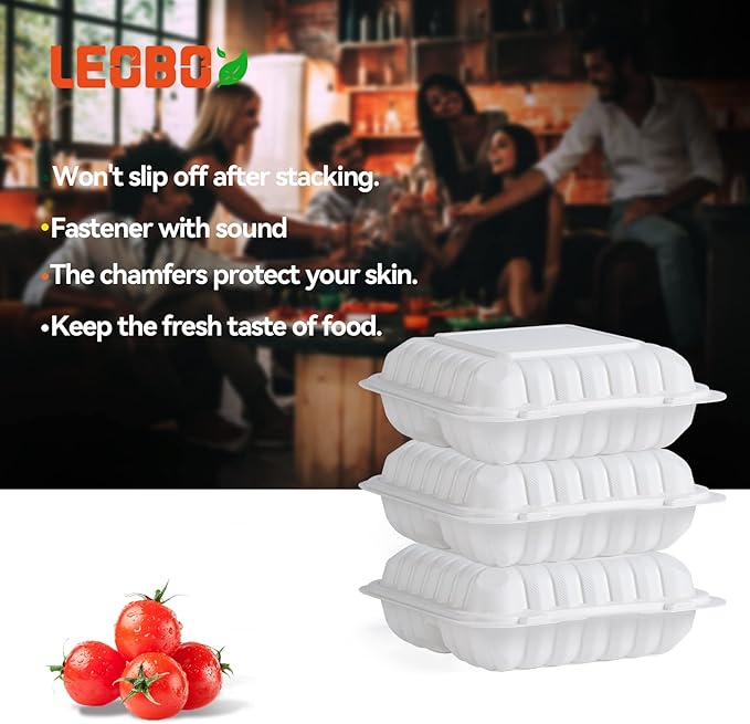 LEOBOX Takeout Container Mineral Filled PP Plastic - 55 Pack 8 Inch 34oz | Shrink Wrap BPA Free Food Container | Freezer & Microwave Safe for Food Delivery | White 3 Compartment Disposable Lunch Boxes