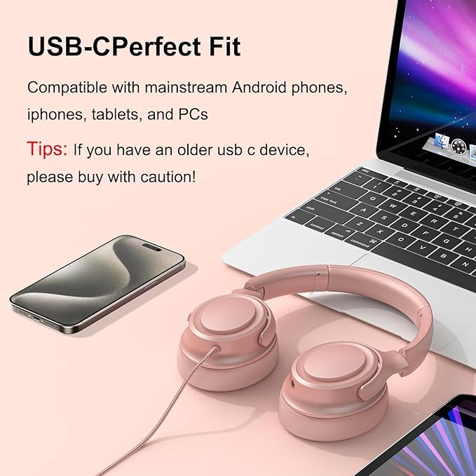 Wired Over-Ear Headphones with USB C Connector, Hi-Fi Stereo Sound, Noise-Isolating Ear Cups, Comfortable Fit for USB C Devices (with Bag, Gold)