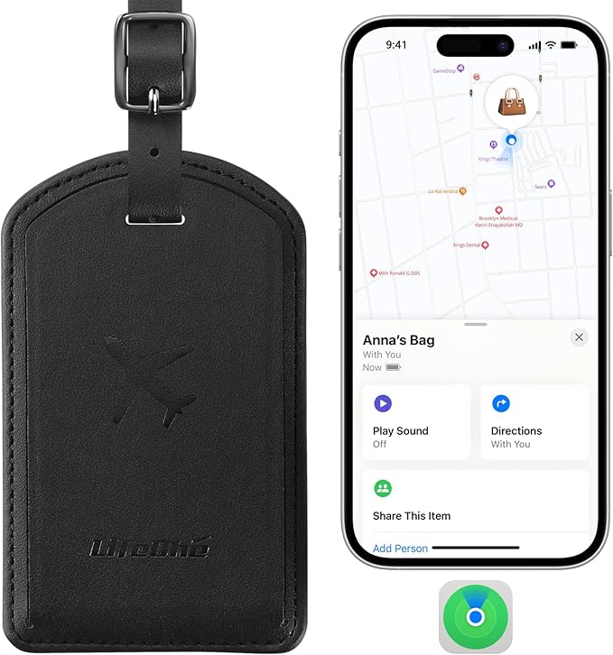 Luggage Tags Built-in Anti-Loss Tracker, Luxury Leather Luggage Tags for Suitcase, Travel Bags, Backpacks, Travel Organizer for Lost Baggage Prevention (Black*1 Pack)
