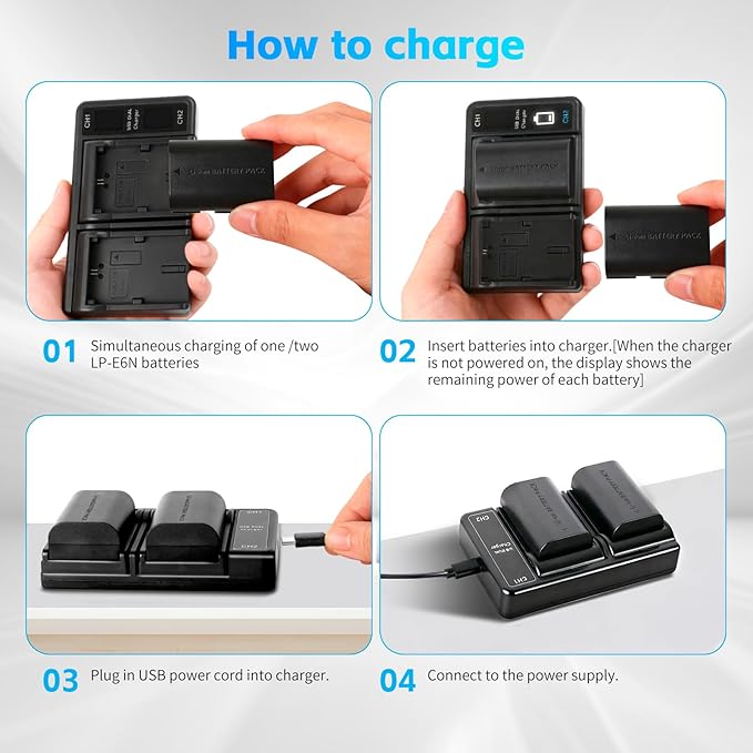 LP-E6 LP-E6N Battery(2-Pack) and Dual USB Charger Compatible with Canon EOS 5D Mark II III IV, 5DS, 5DS R, 6D, 6D Mark II, 7D, 7D Mark II, 60D, 70D, 80D, 90D, R, R5, C700, XC10, XC15 Cameras