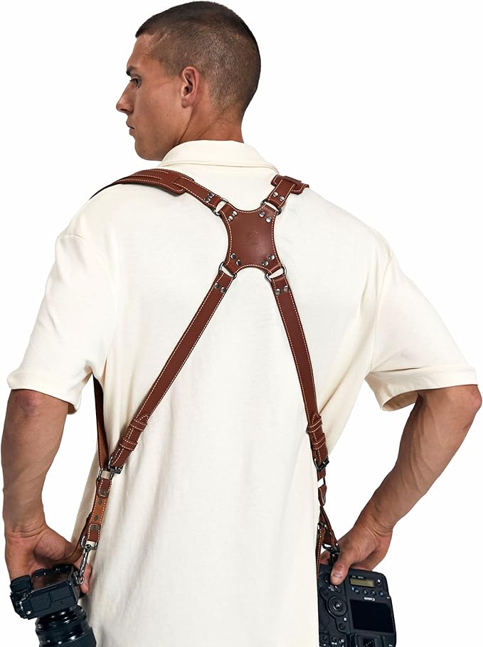 Padwa Lifestyle Tan Dual Camera Harness Strap for Two-Cameras - Dual Shoulder Full Grain Leather Harness,Multi Double Camera Gear for DSLR/SLR Strap,Double Camera Harness for Photographers