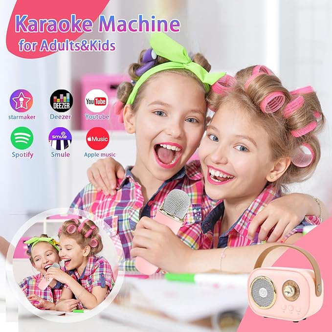 Mini Karaoke Machine for Kids,Portable Bluetooth Speaker with 2 Wireless Microphone,Toys for Girls Boys Gifts,Retro Speaker Set Stereo Sound Enhanced Bass for Home Party Birthday (Pink)