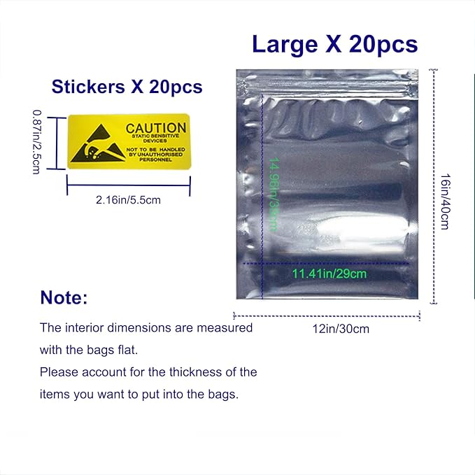 Antistatic Bags ESD Shielding Bag with Anti-Static Labels for Hard Drive SSD HDD Motherboard Video Card RAM Electronic Devices (20pc ziplock 12 * 16 in)