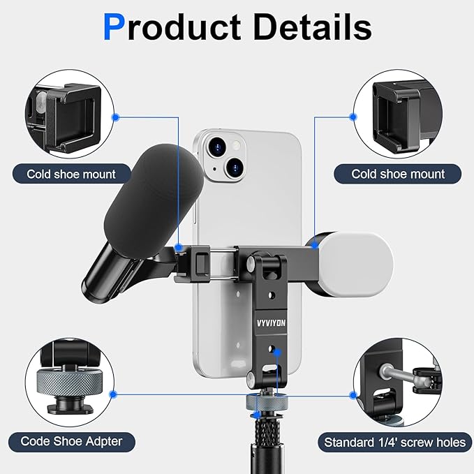 Metal Phone Tripod Mount with 3 Cold Shoe 1/4" Thread, 180° Tilt, 360° Rotation Universal Aluminum Cell Phone Stand Holder for iPhone Samsung Smartphone Clamp Adapter for Desktop Tripod Video