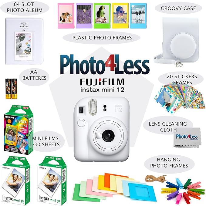 Fujifilm Instax Mini 12 Instant Film Camera, Fuji Instax Mini Film (20 Sheets), Fuji Rainbow Instant Film (10 Sheets), Protective Case, Album, Insax Mini Accessory Bundle (Clay White)