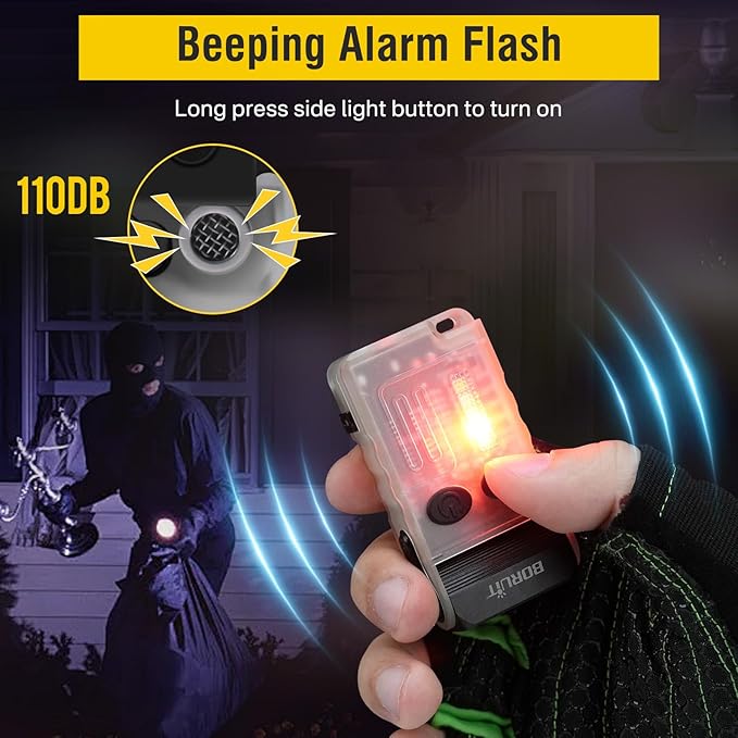 Boruit V20 Small Powerful Flashlight Super Bright with 365nm UV, Red Blue Green Warm Light, 180° Swivels, 110dB Buzzer, Mini Keychain Pocket Rechargeable LED Flashlights Usb EDC Clip Flash Light White