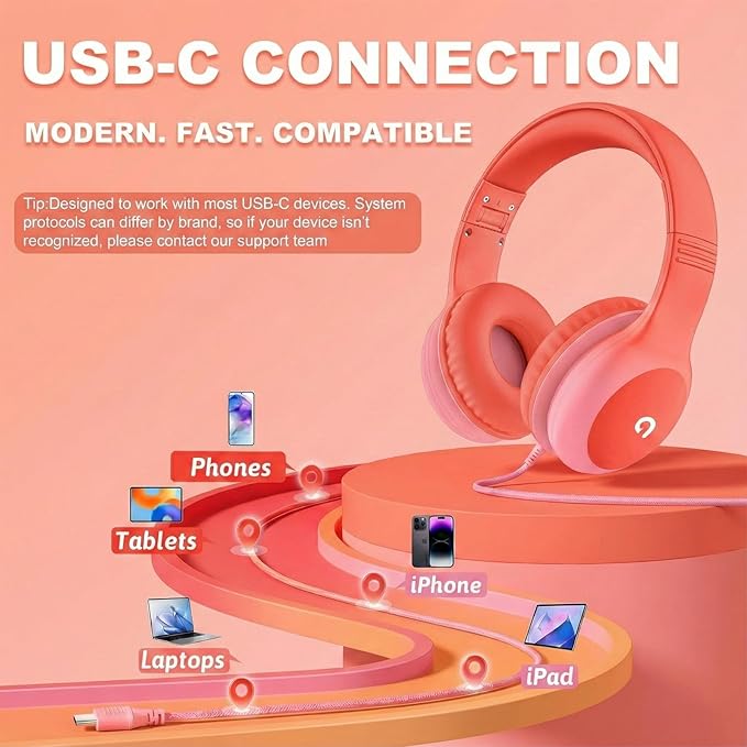 Wired Kids Headphones with USB C Plug, 85dB Safe Volume, Adjustable Headband, Tangle-Free Cord Headphones for School, Tablet, Travel (Coral Red & Soft Peach, with Microphone)